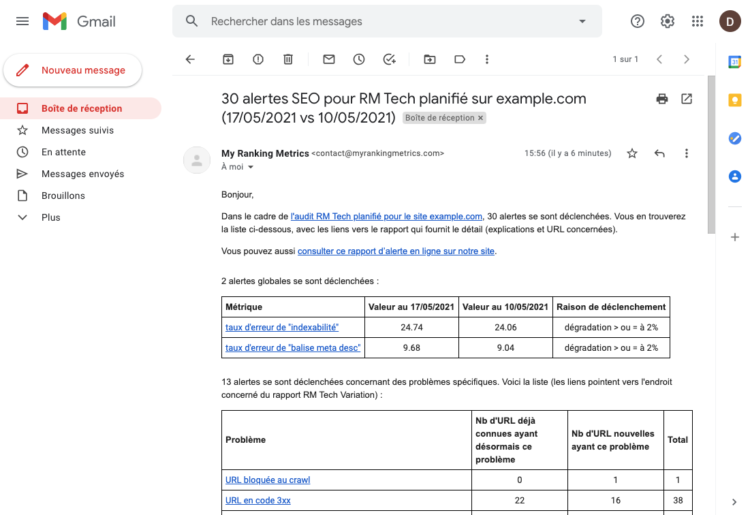 email alerte monitoring SEO onsite